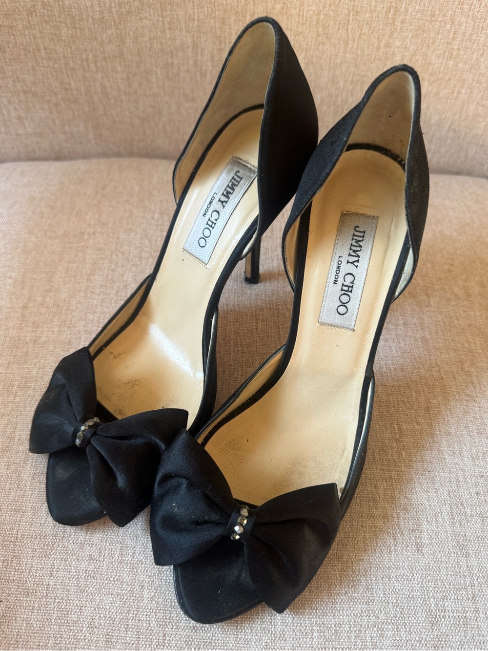 Jimmy Choo Black Satin Bow Open Toe Pumps 38.5